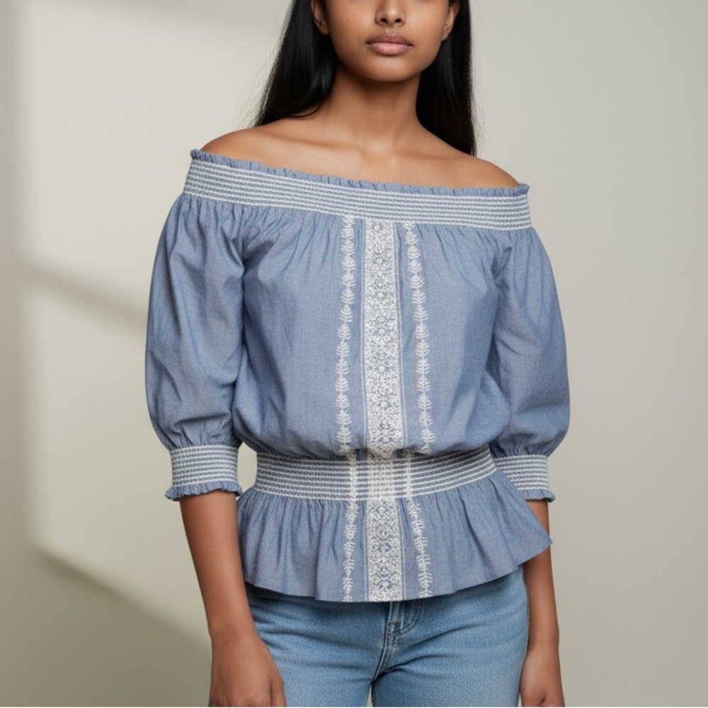 ALI & KRIS | Women’s Blue Chambray Smocked Peplum Embroidered Top size Small